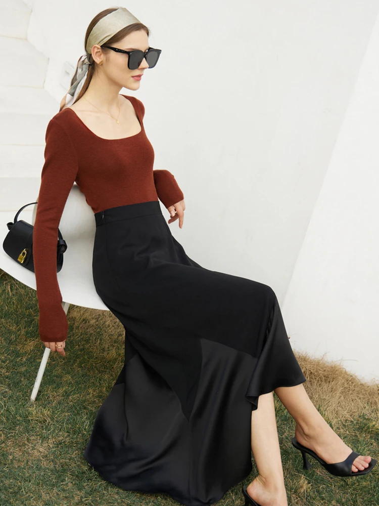 AmII Minimalism Skirt for Women 2024 Spring Contrast Panel A-line Skirt Long Fishtail Skirt Black High Waist Midi Robe 12341019