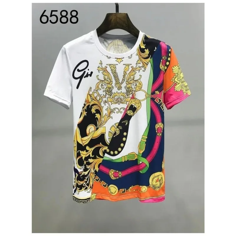 2024 New Fashion Summer Baroque T-shirt Print 3D Floral T Shirt for Women Vintage Luxury Brand Royal Golden Flower Camisetas