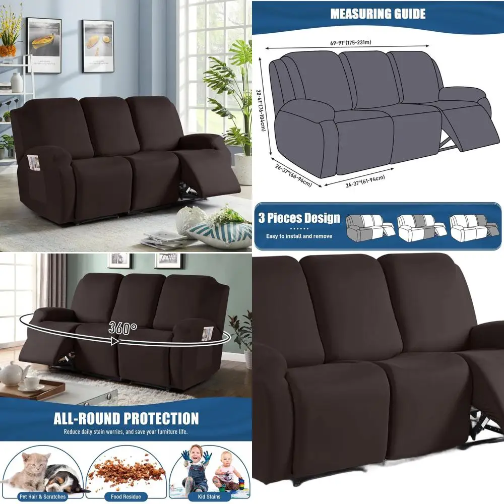 

3-Piece Stretch Polyester Sofa Cover for Reclining Couch, Washable with Pockets, Coffee