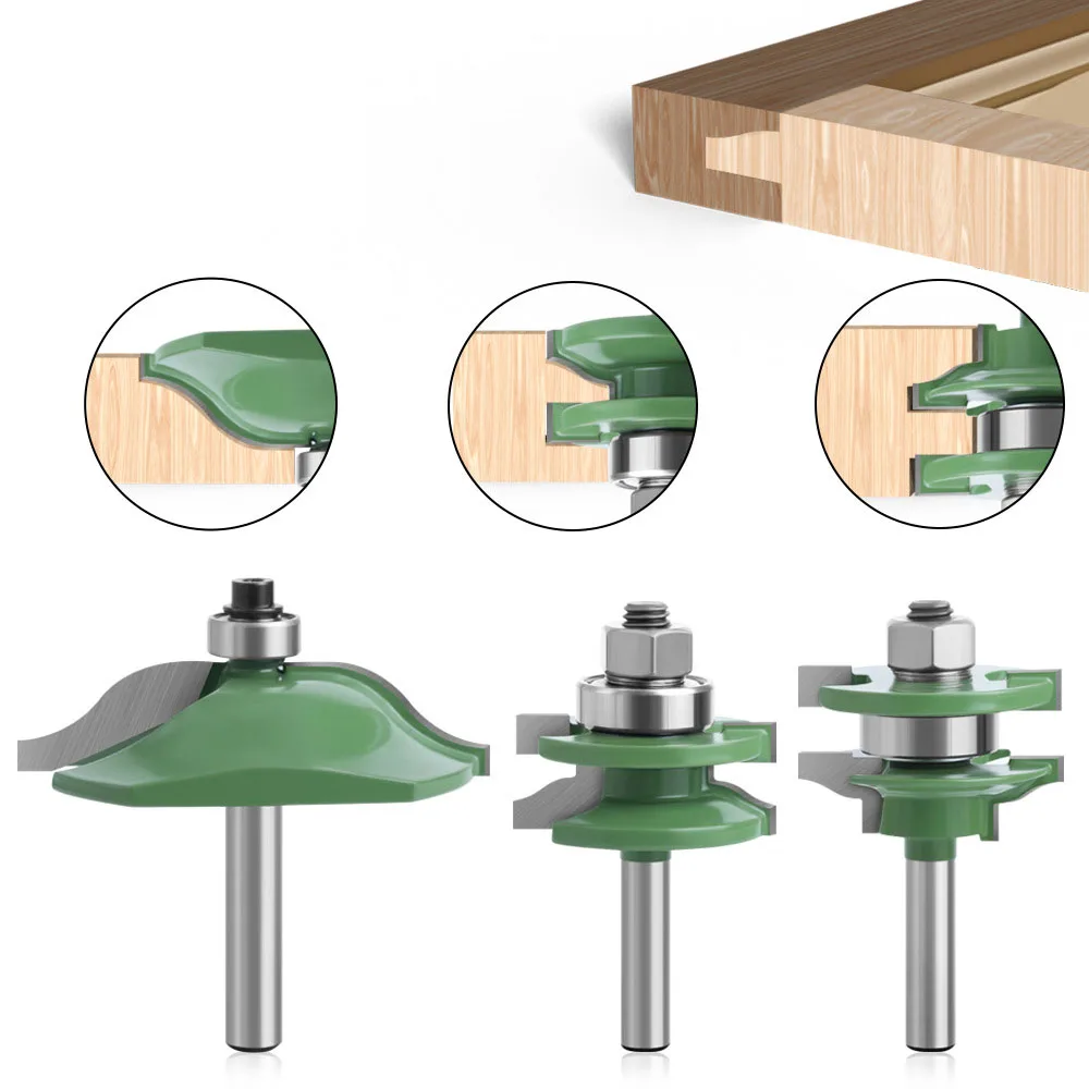 3PCS 8MM Shank Milling Cutter Wood Carving Big Cabinet Rail & Stile Tenon Router Bit Set Door Cabinet Panel Raiser Ogee Wood