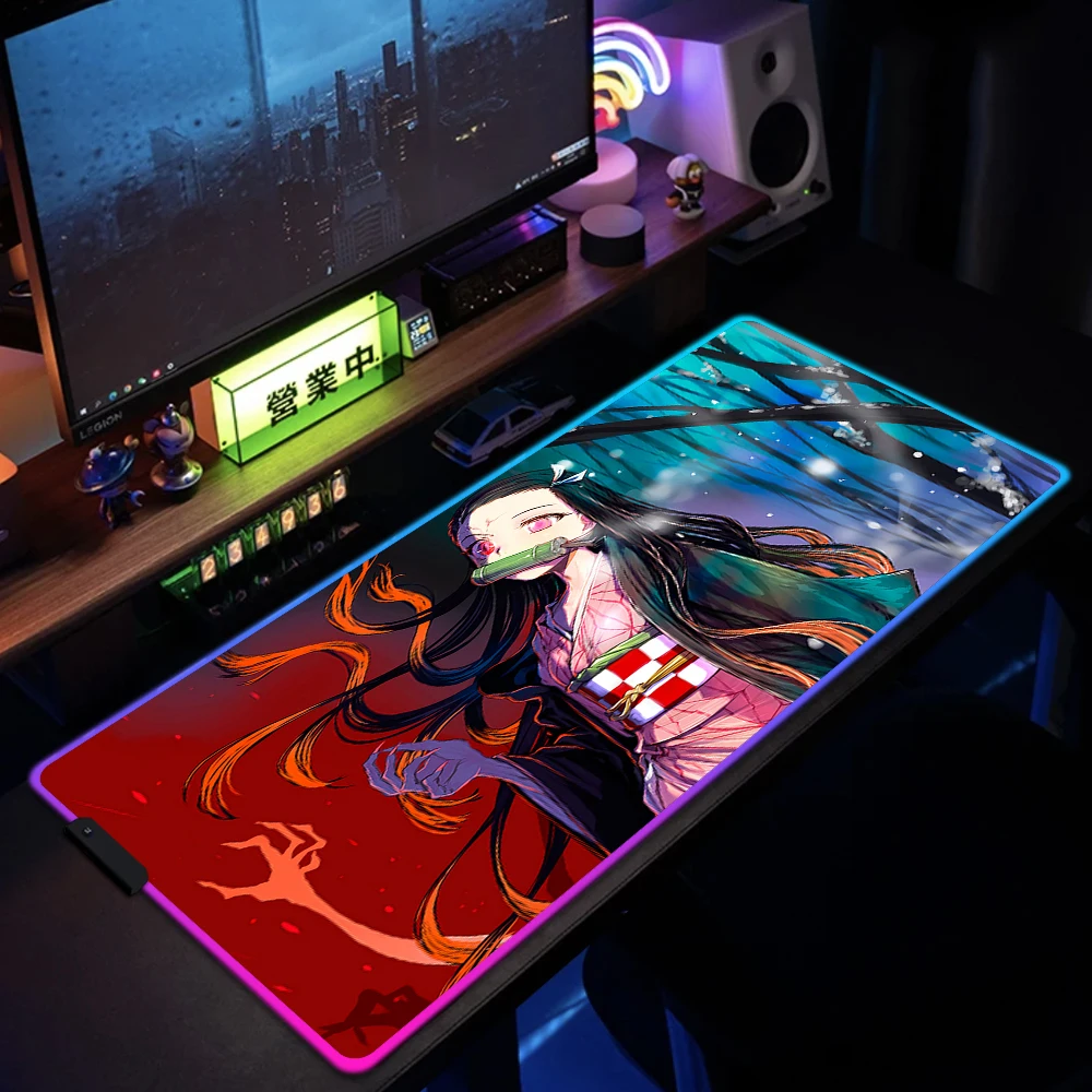 

Demon Slayer RGB Anime Mouse Pad XXL Kimetsu No Yaiba Manga Large LED Lighting Mousepad XXL Colorful Luminous Desk Mat Backlit