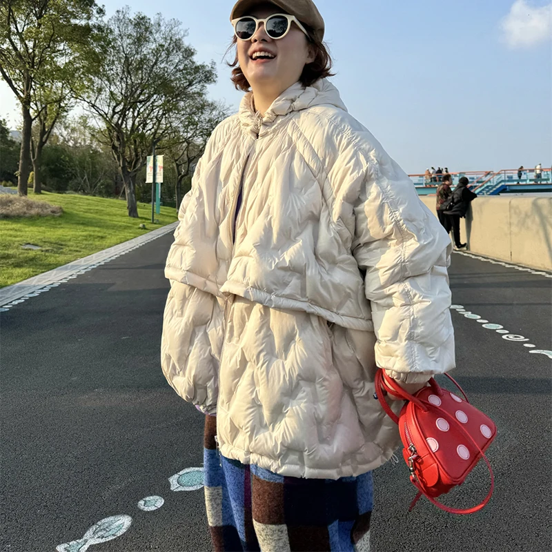 Winter Solid Lightweight Loose Hooded Down Jacket Women White Duck Down Jacket Overcoat Female Casual Zipper Warm Parka Outwears