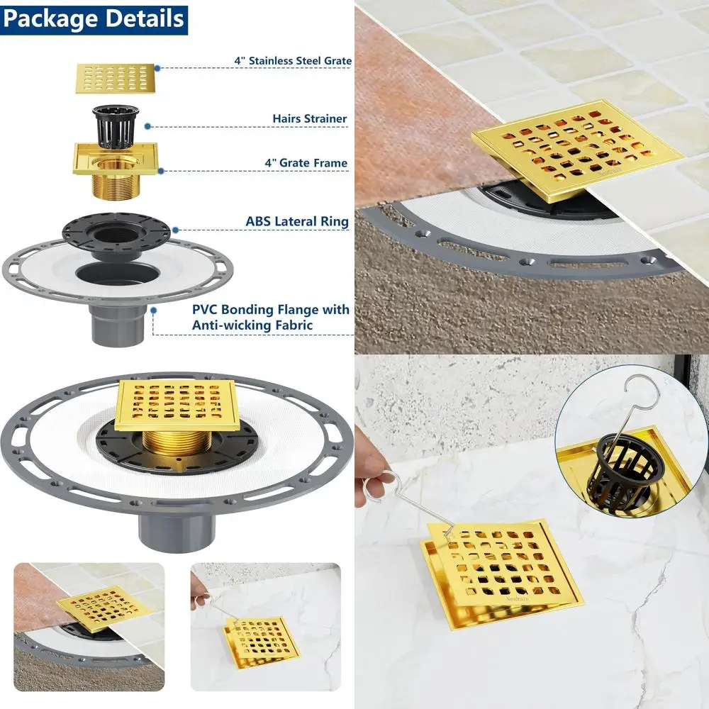 

4 Golden 304 Stainless Steel Shower Drain with Removable Grate, PVC Flange Base, Waterproof Fabric for Low Profile Pans