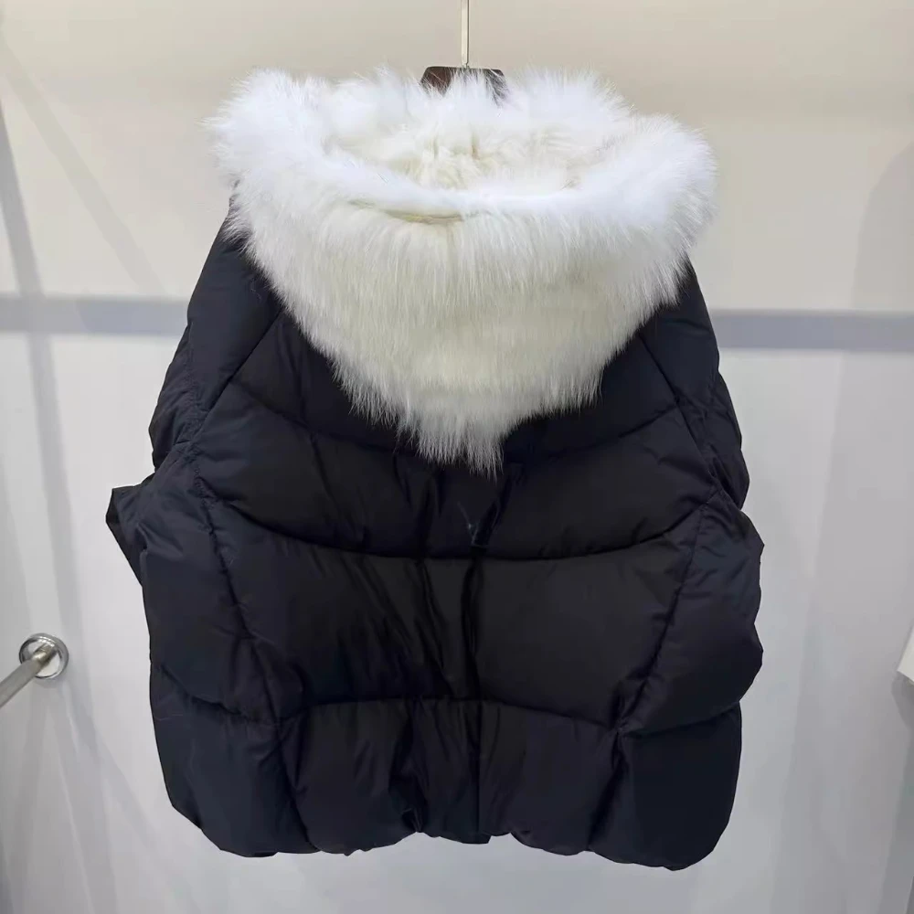 الأبيض أوزة أسفل معطف سميكة الواقع الفراء سترة الشتاء حزام دافئ كبير الثعلب الفراء طوق سترة طبيعية حقيقية فضفاض البخاخ سترة النساء #5