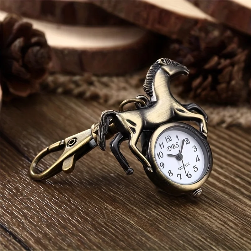 Retro Bronze Pony Keychain Watch for Boys and Girls School Bag Keychain Watch Creative Gift Quartz Watch