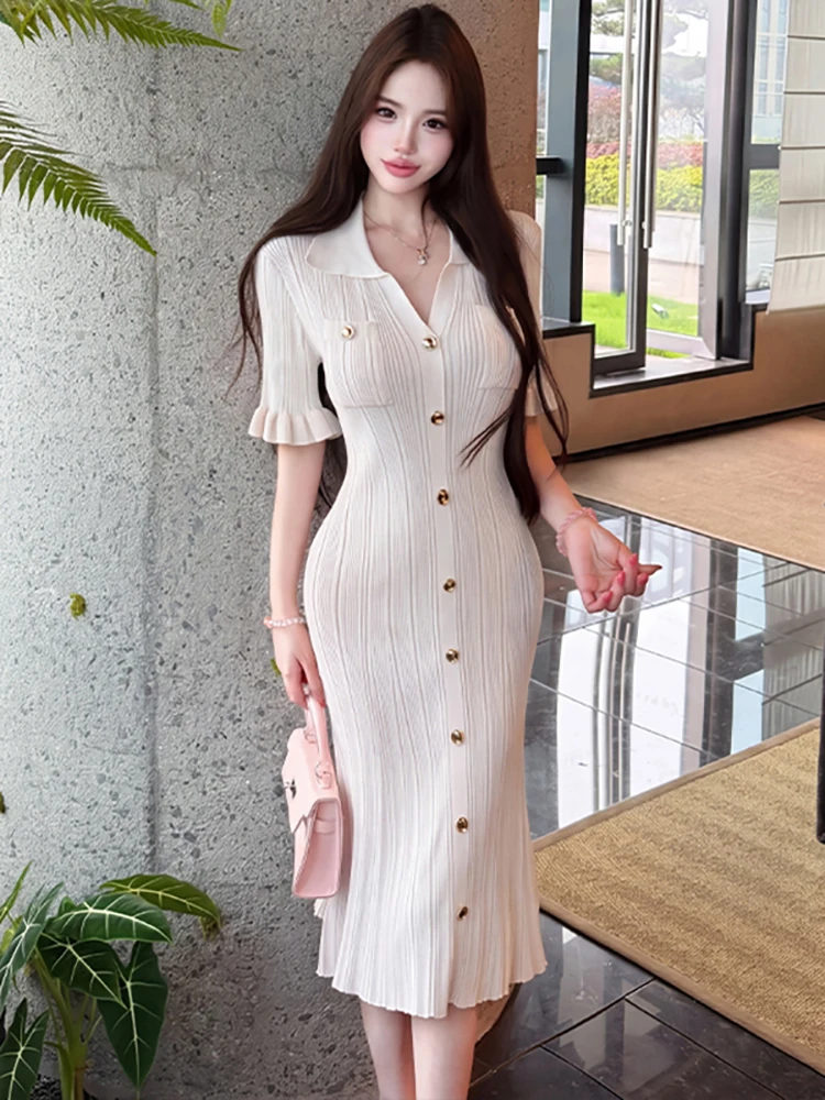 Women Pink Knitted Ruffled Short Sleeve Polo Collar Dress Summer Elegant Single Breasted Dress 2026 Korean Bodycon Casual Dress