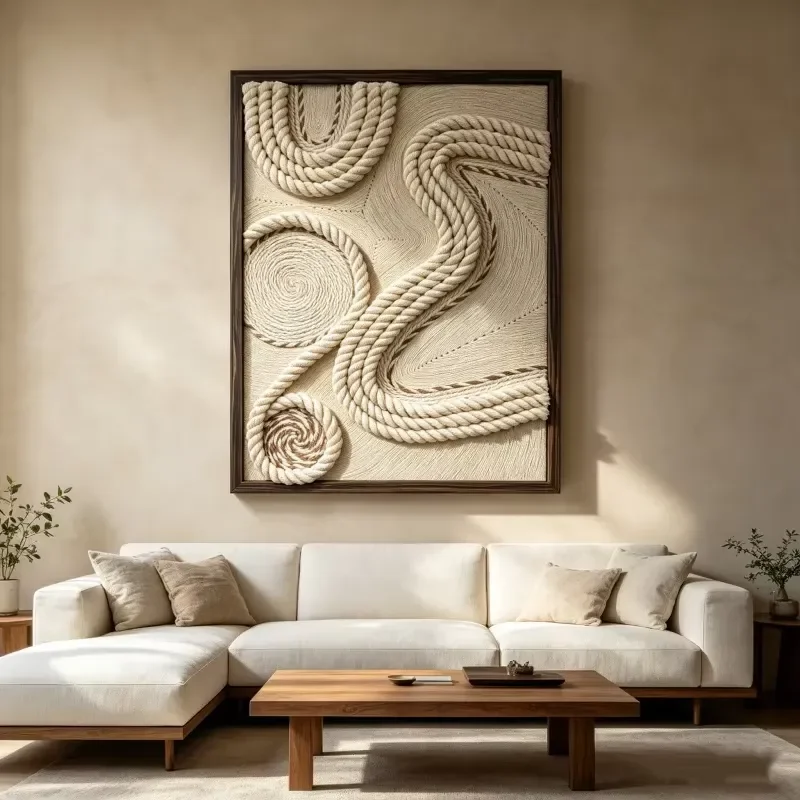 Handmade Textured Rope Wall Art Frame Abstract Wall Painting Neutral Wabi Sabi Wall Decor for Interior Background Ornament