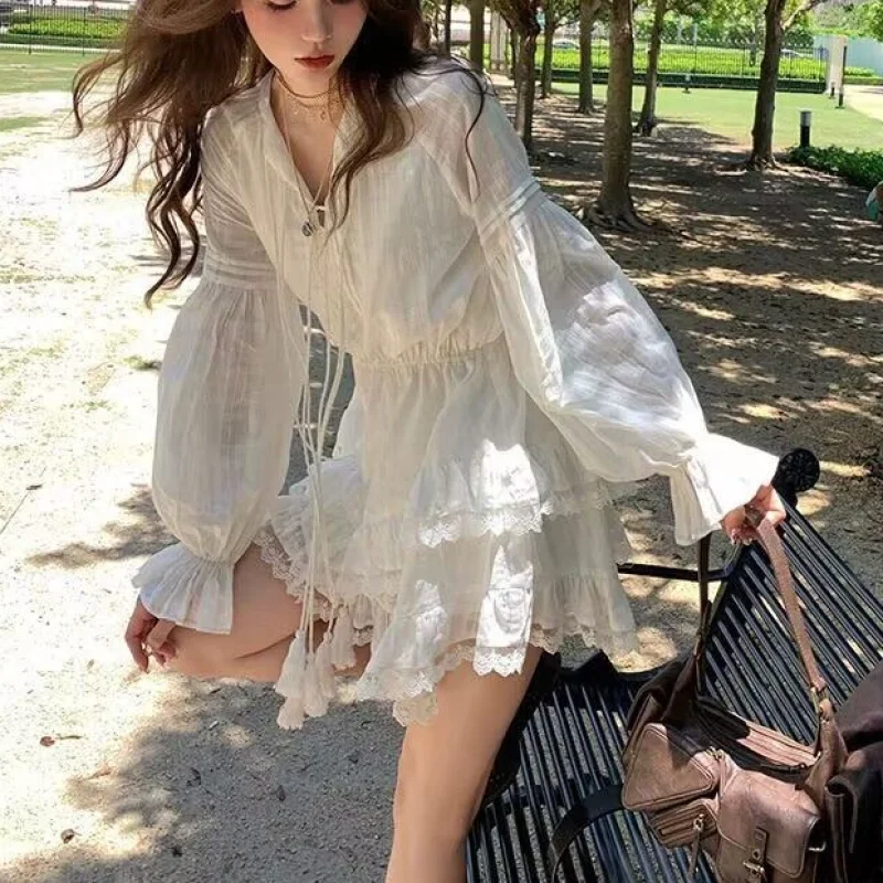 Spring Autumn White Chiffon Dress Women Casual Long Sleeve Y2k Mini Dress Even Party Elegant One Piece Dress Korean Fashion Chic