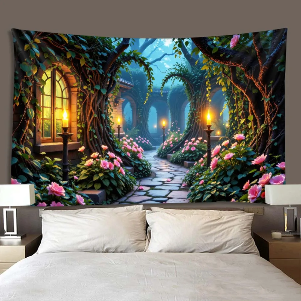 Ancient Tree Psychedelic Garden Tapestry with Wooden House Candle & Jellyfish Dreamy Night Scene Background for Room Decoration