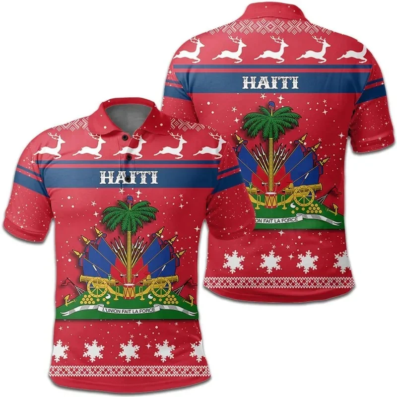 Kemeja Polo pola lambang bendera nasional Haiti cetak 3D untuk pria lengan pendek kaus t-shirt grafis Haiti baju atasan