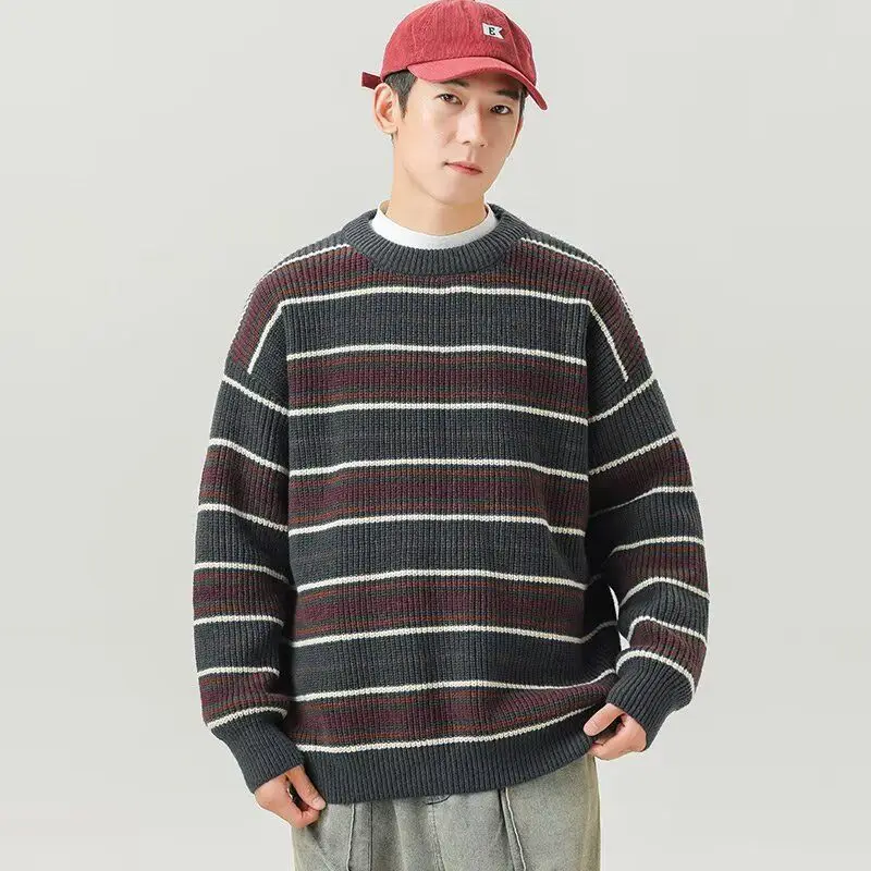 

Casual Loose Men's Knitted Woolen Sweater Long Sve Busin Leisure Faion Autumn Winter Stripe Knitwear for Youth