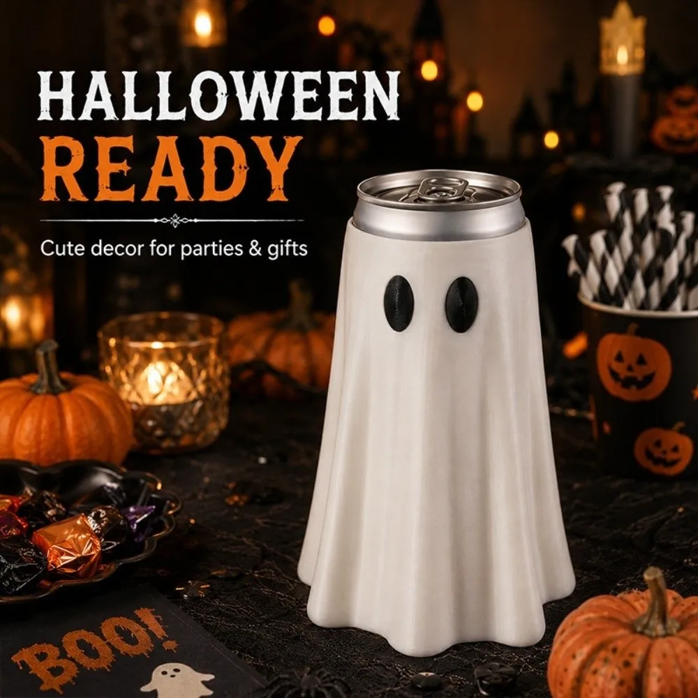 3D Printed Halloween Ghost Can Holder Spooky Witch's Hat Beverage Can Cover 12 Oz Reusable Ghost Beverage Sleeve Desk Ornament