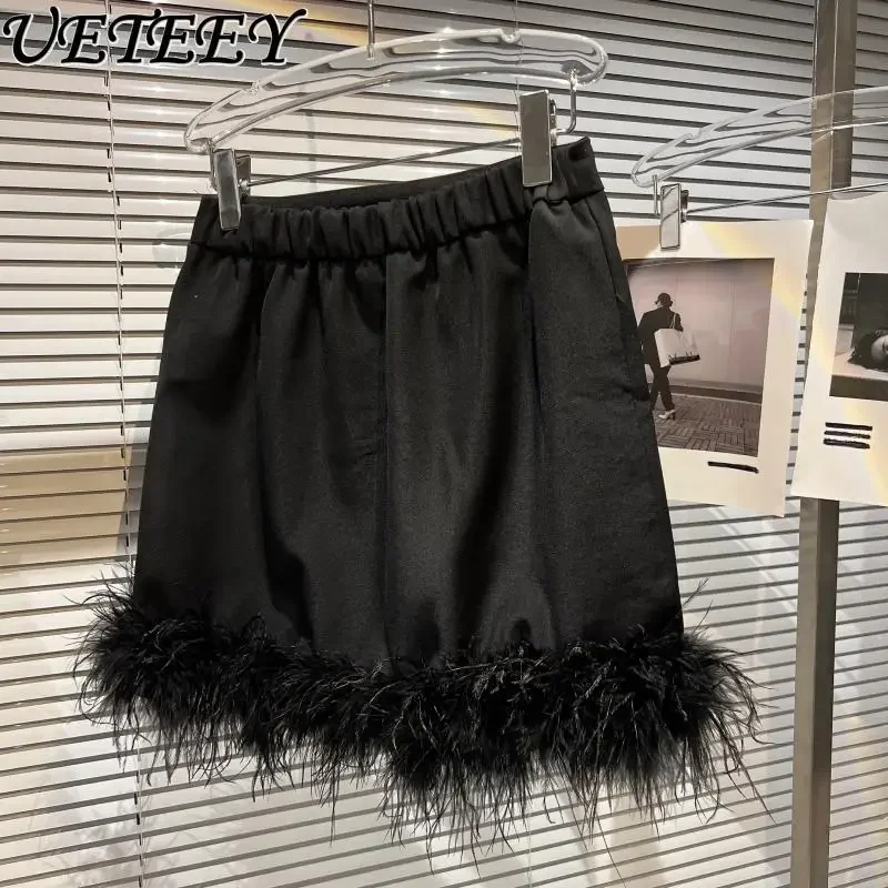 2023 Autumn New Ostrich Feather Solid Color Short Skirt Women Fashion All-Match High Waist Black Mini Skirt Femme Short Faldas