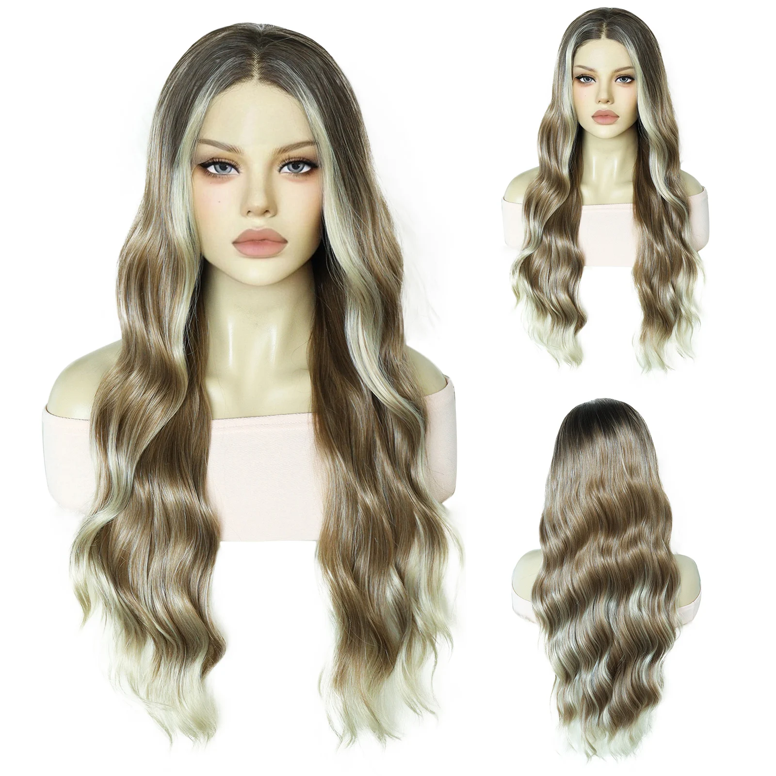 

13*3 Synthetic Brown with gold Body Wave Wig Silky 30 inch Long Classic fashion for Women Dress Up Wig