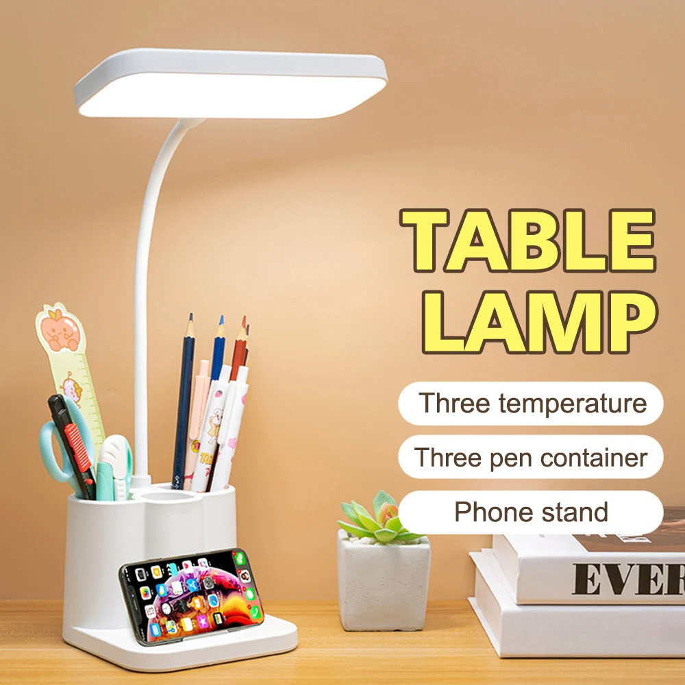 Flexible Gooseneck LED Table Lamp Touch Dimming Desk Light Eye Protection Reading Lamp Rechargeable Bedside Lamp with Pen Holder