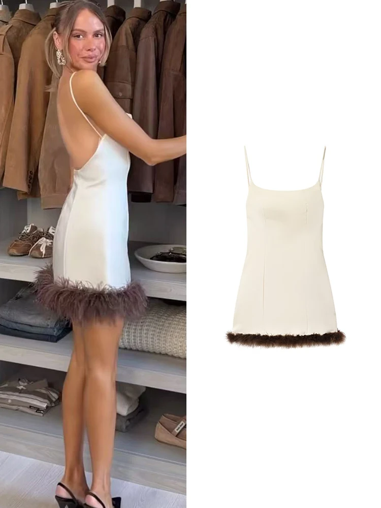 TFMLN 2026 여성 우아한 깃털 미니 드레스 패션 프렌치 스플라이싱 민소매 백리스 파티 슬링 드레스 휴일 파티 가운