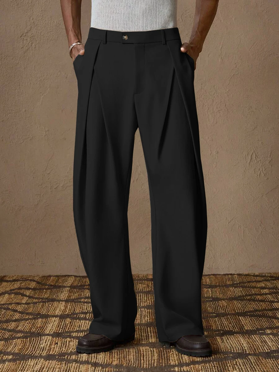 New Back Semi Elastic Waist Pleated Trousers Men Solid Color Italian Light Business Formal Pants
