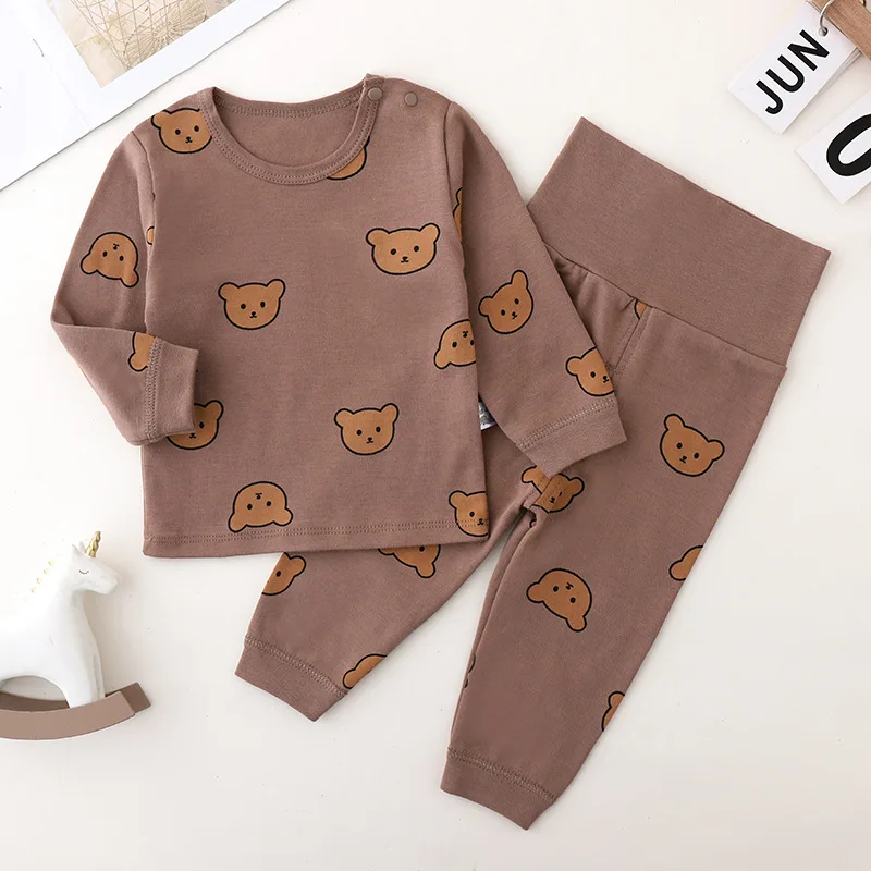 0-3Y High Waist Unisex Baby Pajama Suit Toddler Boys Cute Bear Sleep Wear Infant Pajama Girls Cartoon Print Night Wear