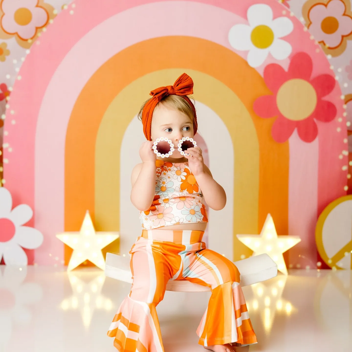 Baby Shower Background Birthday Decoration Orange Pink Arch Flowers Star Light Balloon Cake Smash Portrait Backdrop Photography