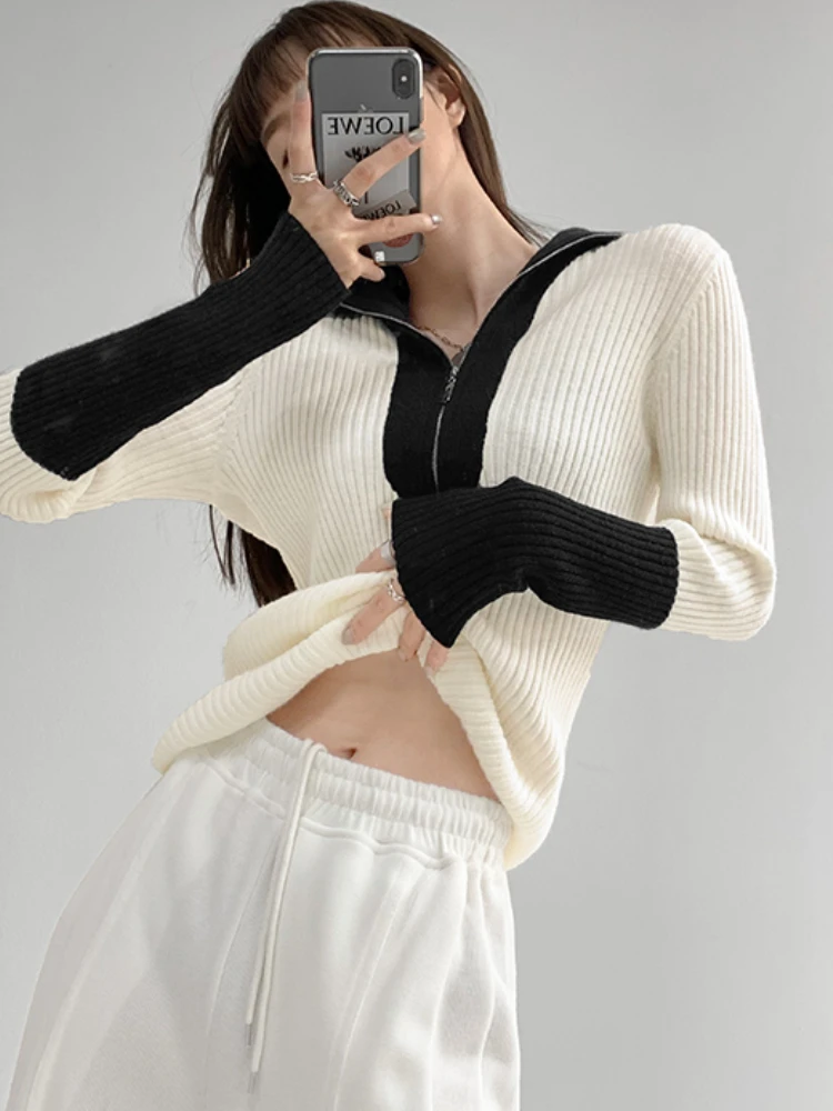 

Slim Pullovers Women Design Panelled All-match Personality Retro Korean Style Sweater Leisure Spring Ladies Cozy Simple Spliced