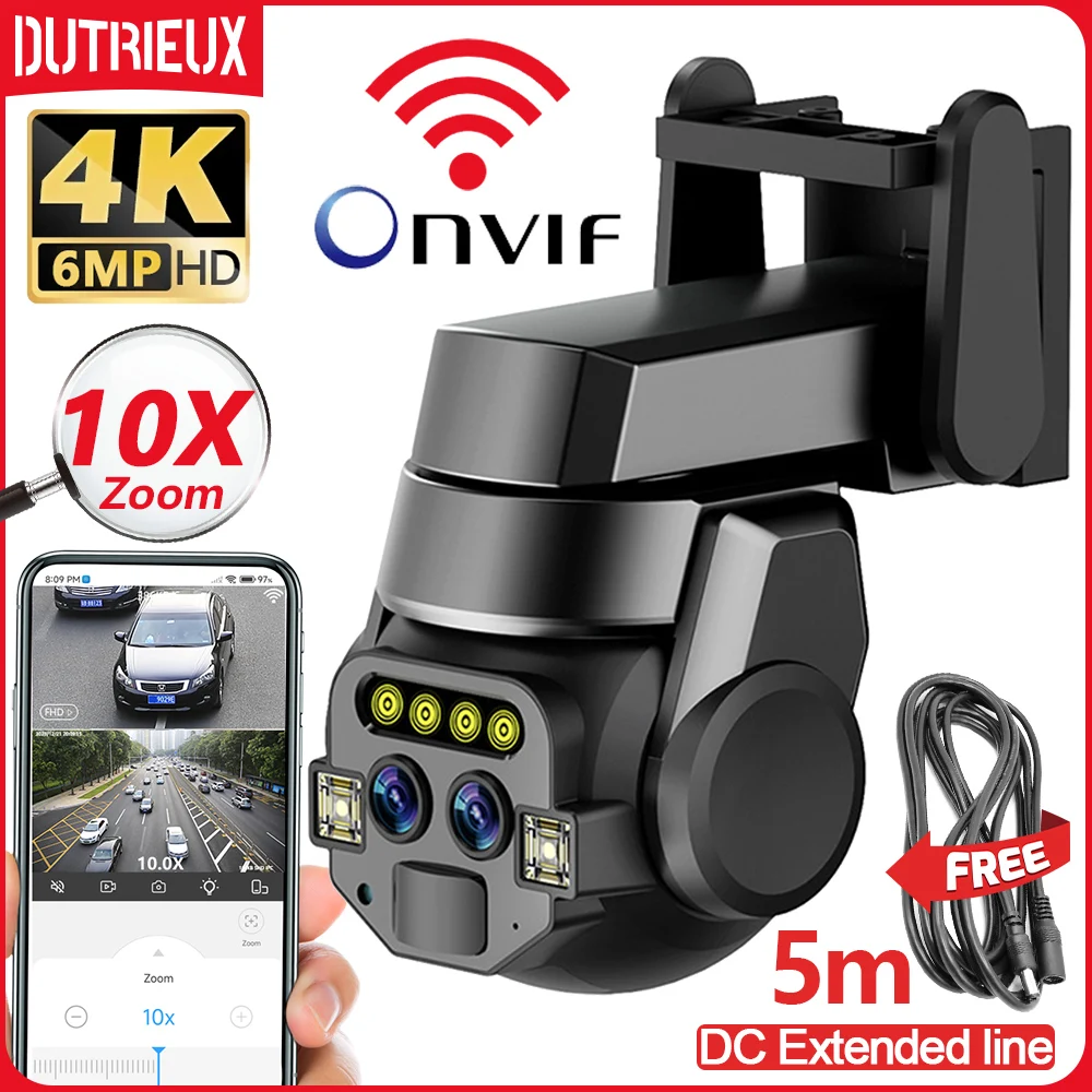 

4K UHD Outdoor AI intelligent WiFi Dual Lens 10x Zoom 6MP High-definition Color Night Vision Monitoring Camera IP66 Waterproof