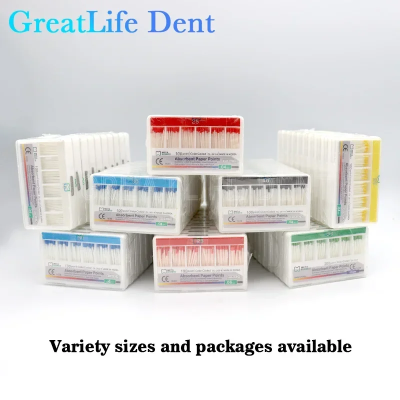 GreatLife Dent 200pcs/box Tips Taper 0.2/0.4/0.6 Size 15/20/25/30/35/40 Dental Root Endodontics Moisture Absorbent Paper Points