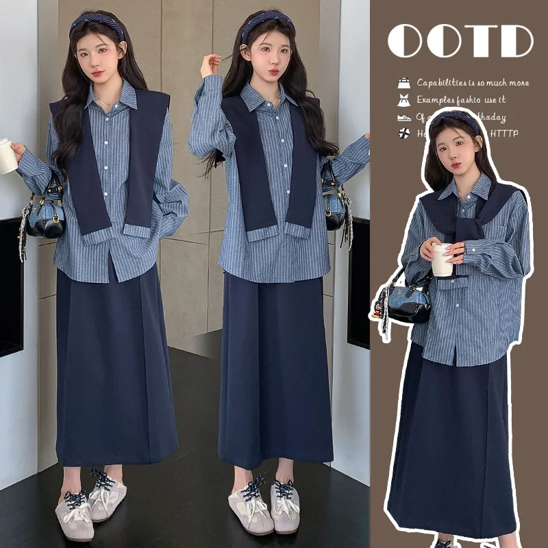 Camisa a rayas de manga larga para maternidad, traje de 3 piezas con chal y falda, moda informal holgada, estilo coreano, Vibe perezoso, otoño