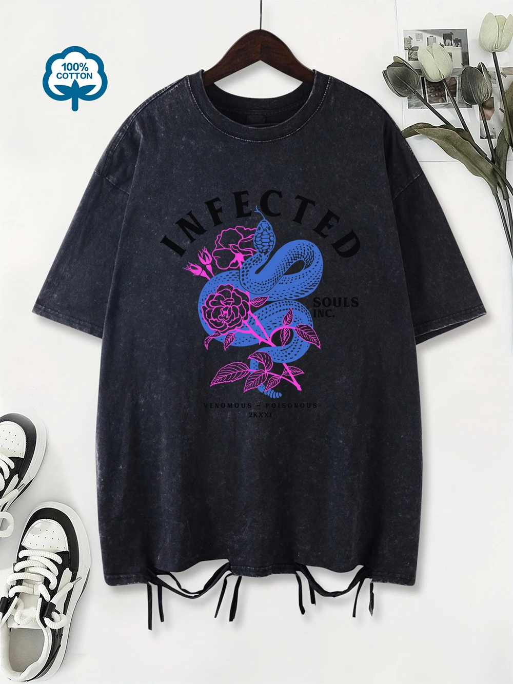 Cotton Washed T-Shirt Women Oversized Snakes And Flowers Infected Prints T Shirt O-Neck Distressed Holes Tops Summer Clothes