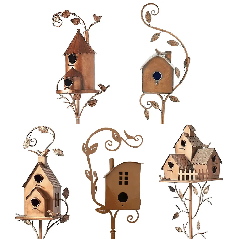 Metal Bird House with Pole Garden Outdoor Metal Birdhouse Decoration Bird Houses for Outside with Pole for Outdoor Yard Garden