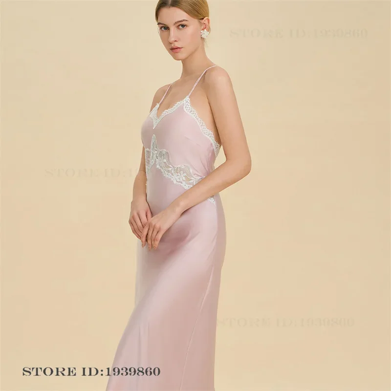 Sexy Womens Long Nightgown Sleepwear Sexy Hollow Out Lace Nightdress Homewear Elegant French Style Satin Nightie Loungewear