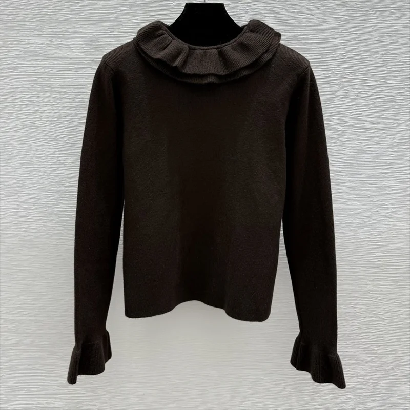 

High-quality double-layer collar leaf-sleeved women's pullover sweater with logo patch soft top 251102205