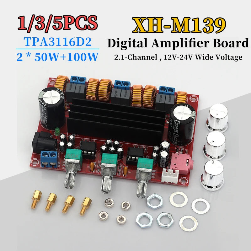 1/3/5PCS XH-M139 2.1 Channel Digital Power Amplifier Board 12V-24V Wide Voltage TPA3116D2 2*50W+100W