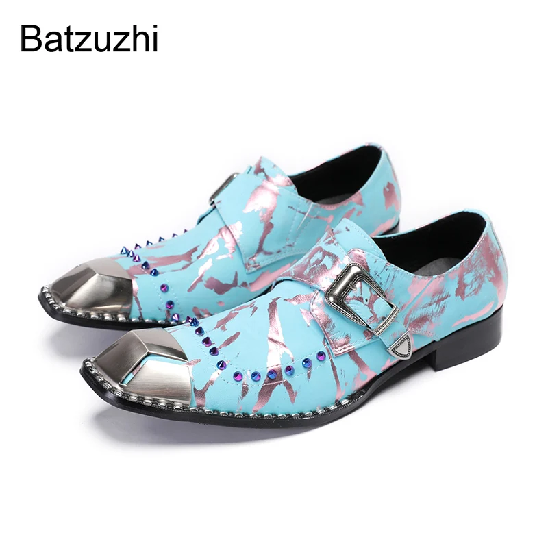 

Batzuzhi Brand New Designer's Square Toe Blue Genuine Leather Dress Shoes Man Slip on Formal Business Footwear!