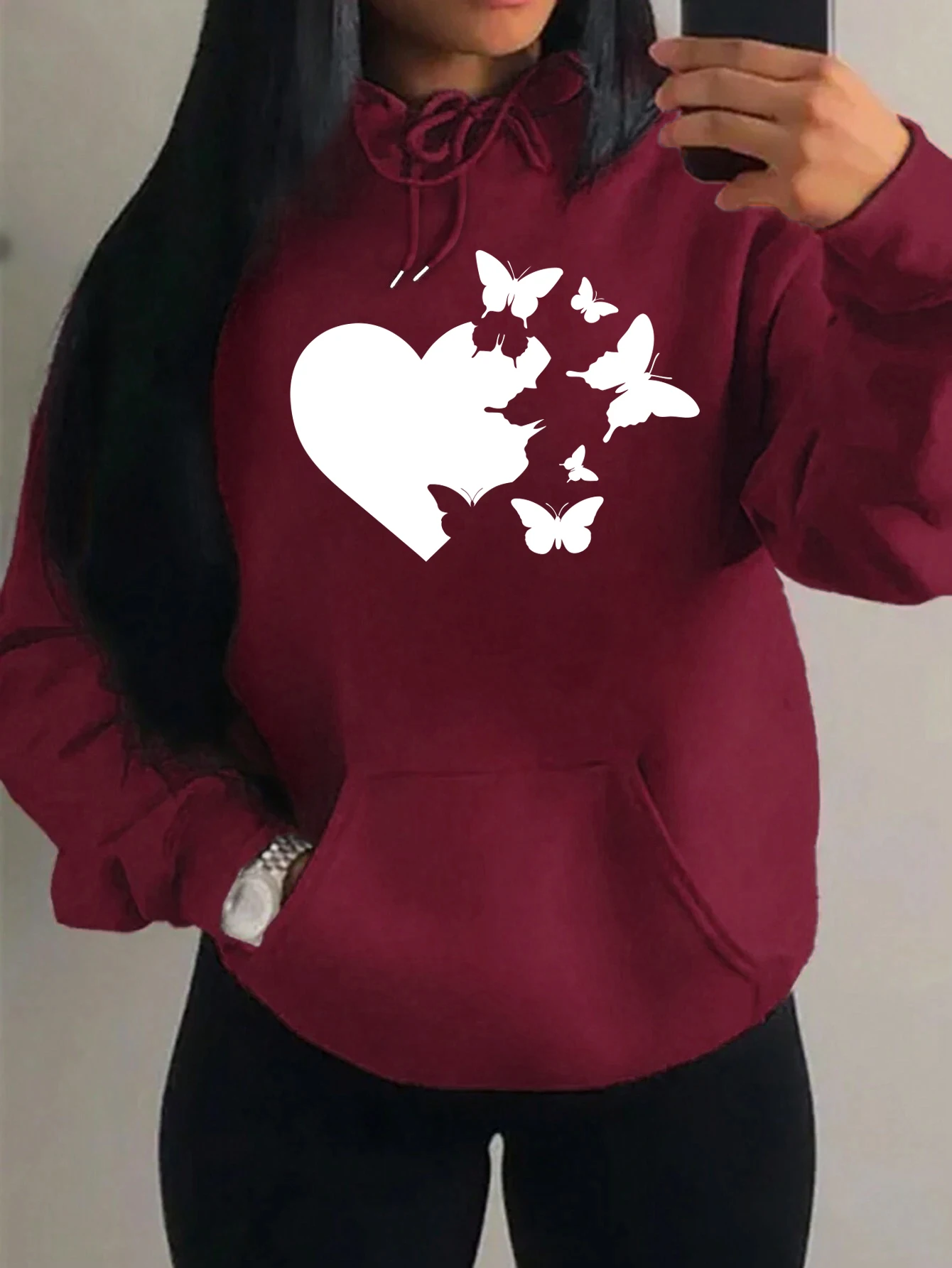 هوديز نسائية بطباعة قلب الفراشة المكسور، ملابس خريفية فضفاضة للشارع، هودي مريح يناسب الجميع للجنسين