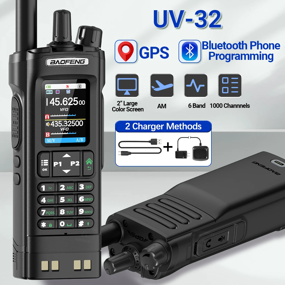 Baofeng UV32 GPS 10W Long Range Walkie Talkie bluetooth Phone APP Programming Multi-band Wireless Copy Frequency 1000CH 10 NOAA