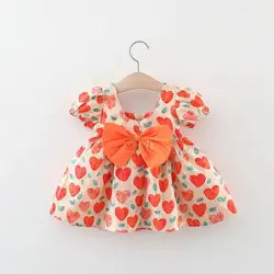 Summer New Cute Full of Love Short Sleeved Cotton Dress for Girls Korean Back Bow Dress Suitable for 0-3 Year Old Babies