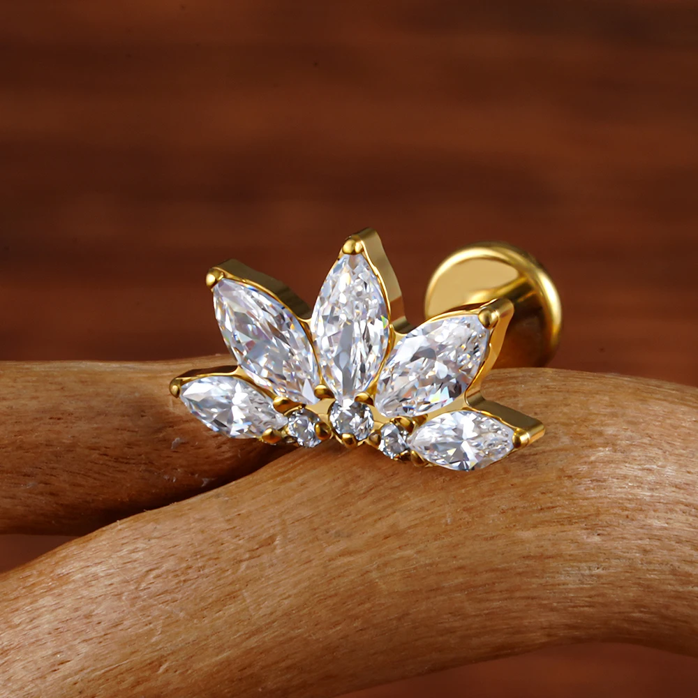 الحق جراند ASTM F136 التيتانيوم 16 جرام ماركيز لوتس تشيكوسلوفاكيا زهرة مسطحة الظهر مسمار Labret الزنمة اللولب الغضروف محارة القرط ثقب