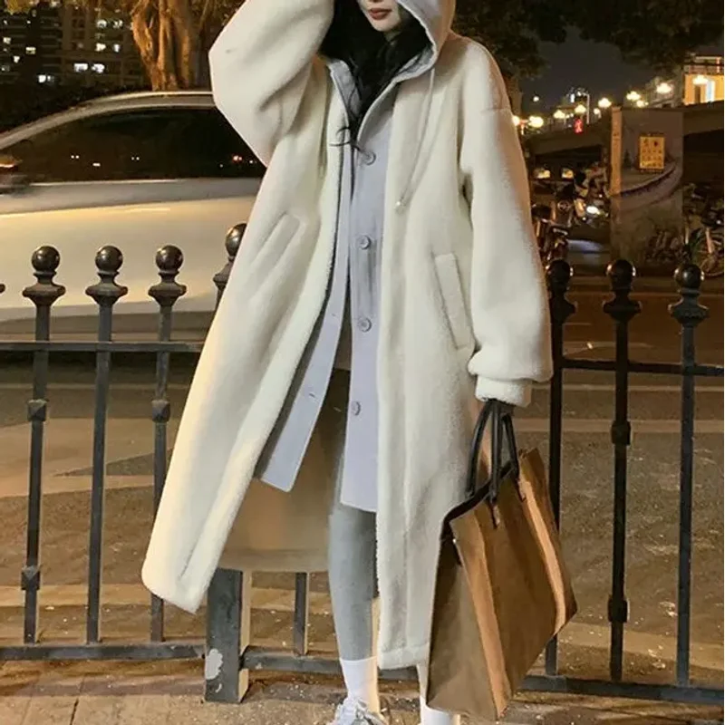 

Korean Chic 2026 Autumn and Winter New Long Hooded Skirt Jacket Lamb Velvet Versatile Loose Fashion