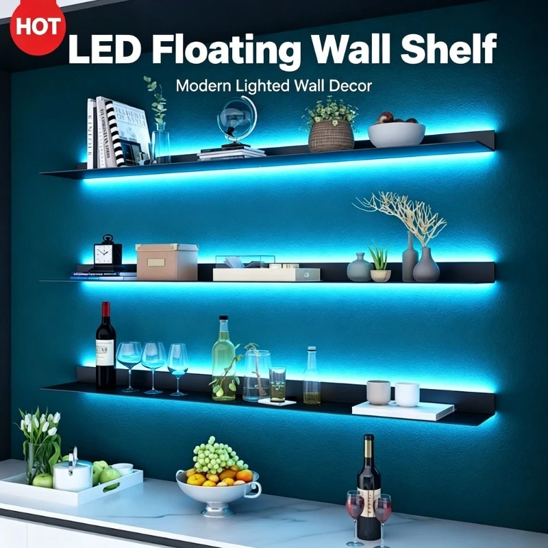 LED Floating Wall Shelf Modern Wall‑Mounted Display Shelf Metal Lighted Storage Organizer Living Room Bedroom Home Wall Decor