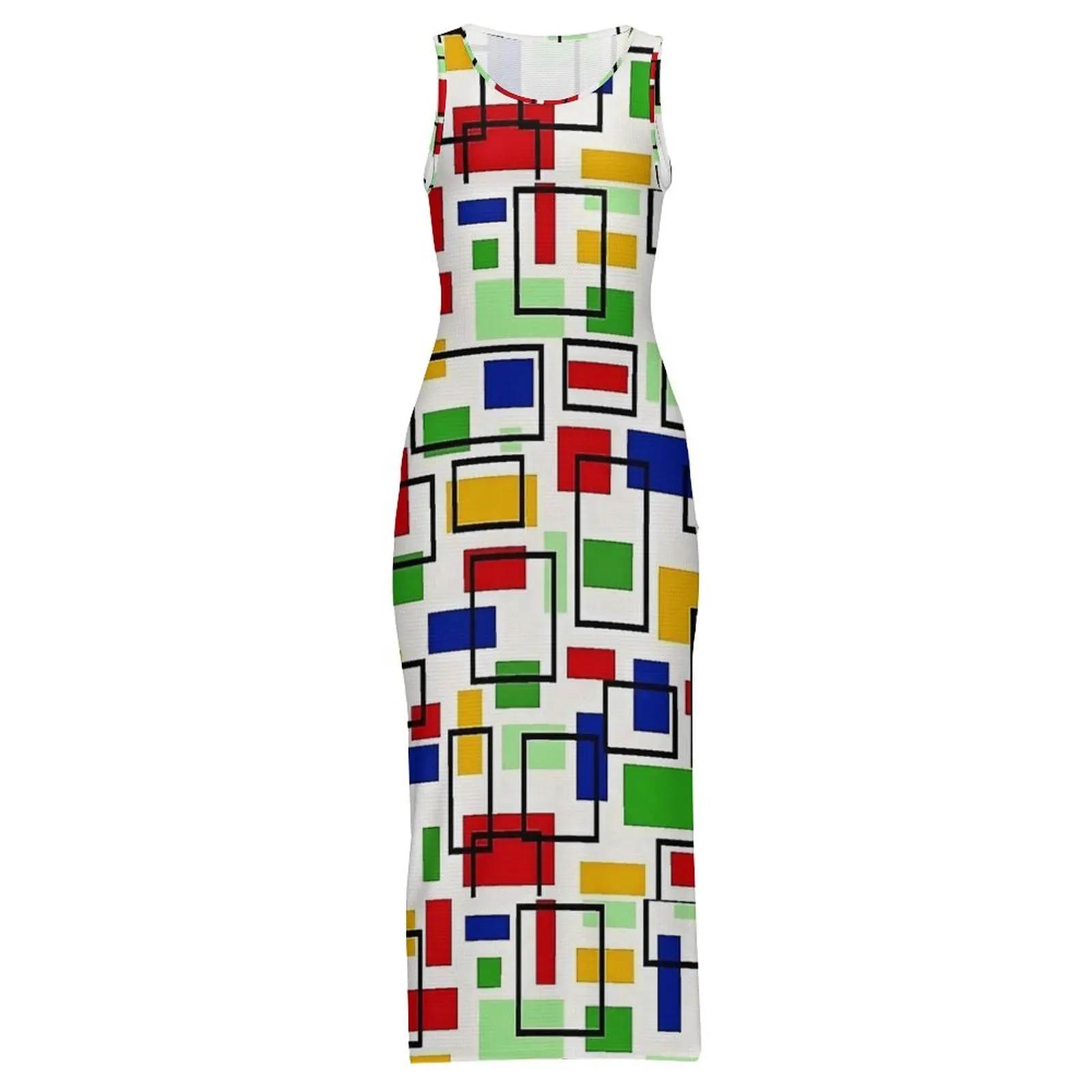 Kolorowa sukienka bodycon z nadrukiem Mondriana, wiosenna sukienka maxi w stylu vintage, damska sukienka bez rękawów z grafiką streetwear, duży rozmiar 3XL 4XL