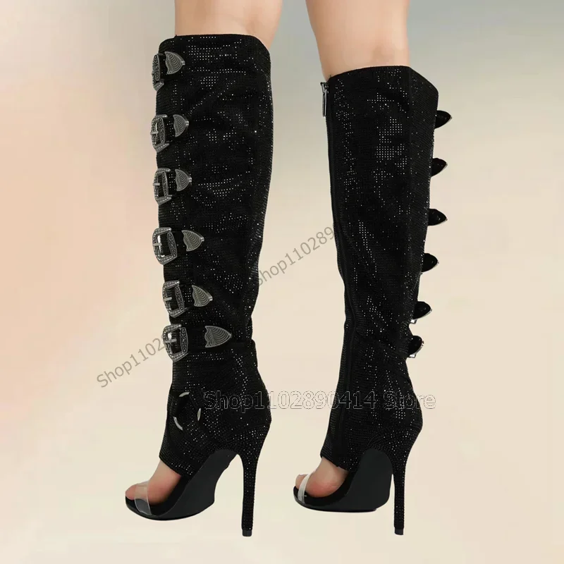 

Black Rhinestone Buckle Decor PVC Flip Flop Sandals Boots Side Zipper Women Shoes Thin High Heels Sexy 2026 Zapatos Para Mujere