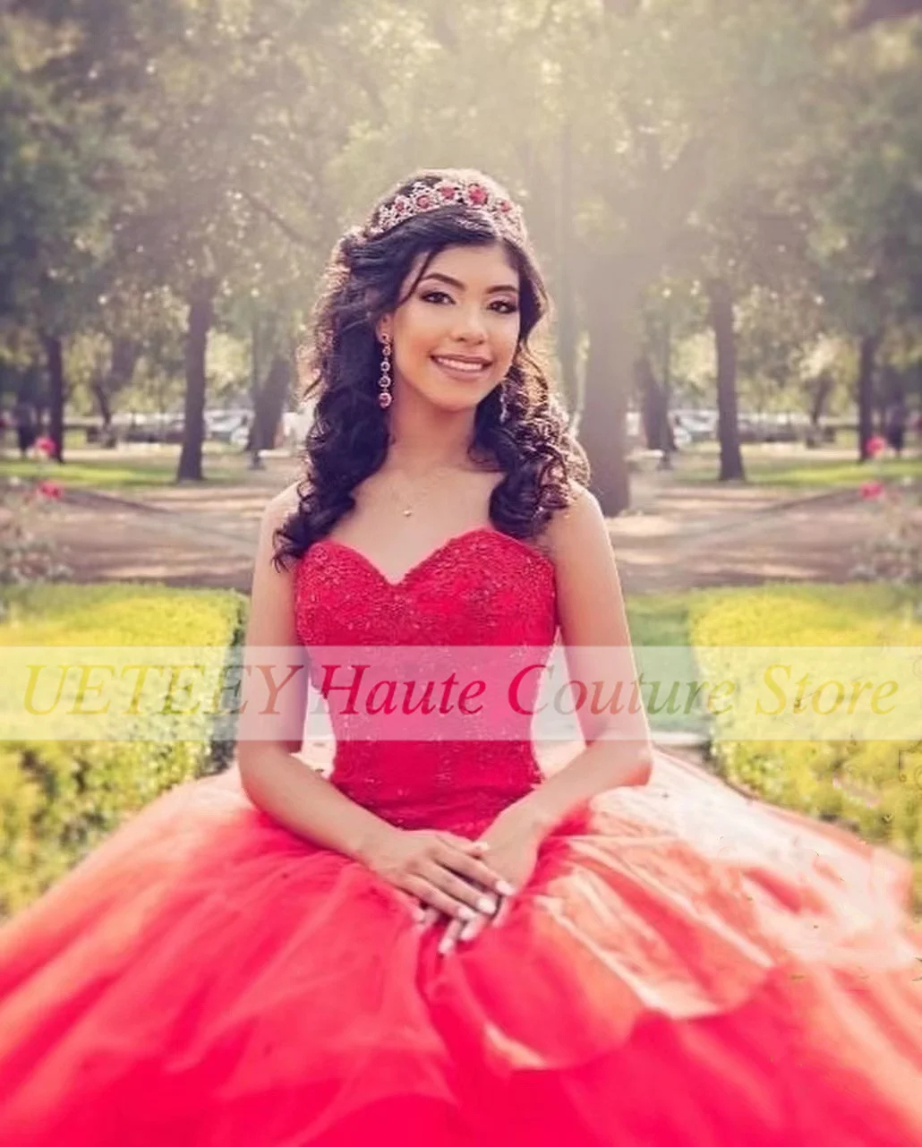 Gaun Pesta Merah Gaun Quinceanera Gaun Sweetheart Payet Renda Tanpa Lengan Panjang-mencapai Lantai Vestidos De XV Años