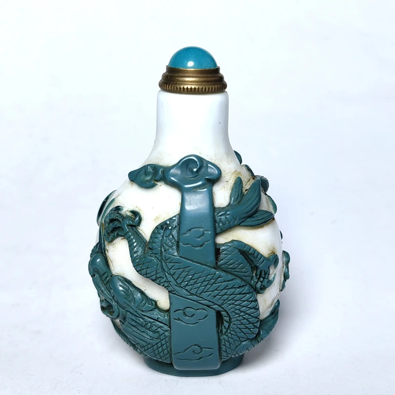 YIZHU CULTUER ART Size 3 inch Chinese Old Beijing Glaze Carving Double-sided Dragon Statue Snuff Bottle Collection