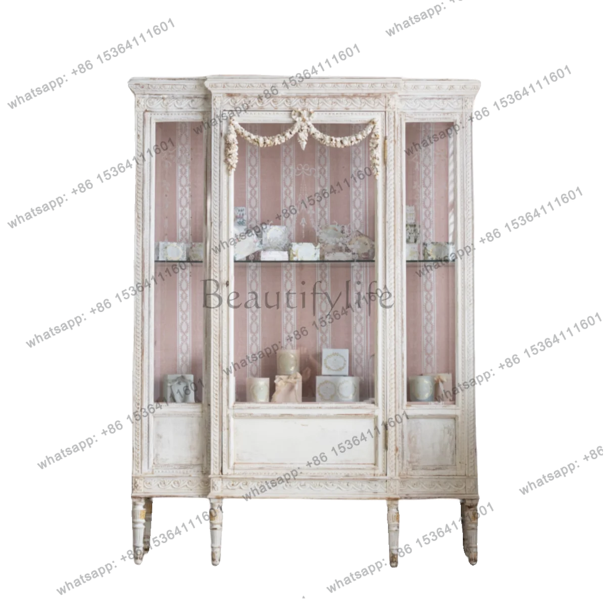 French retro old solid wood wine cabinet European hand-carved princess glass cabinet
