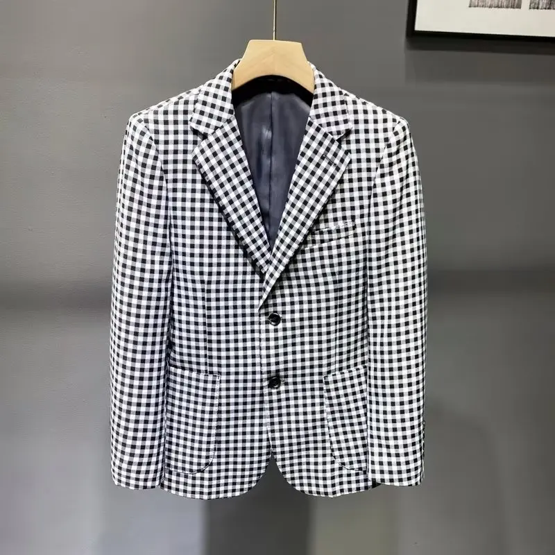 High Quality Blazer Men's Italian Style Plaid Elegant Fashion Simple Business Casual Party Gentleman Formal Fitted Jacket