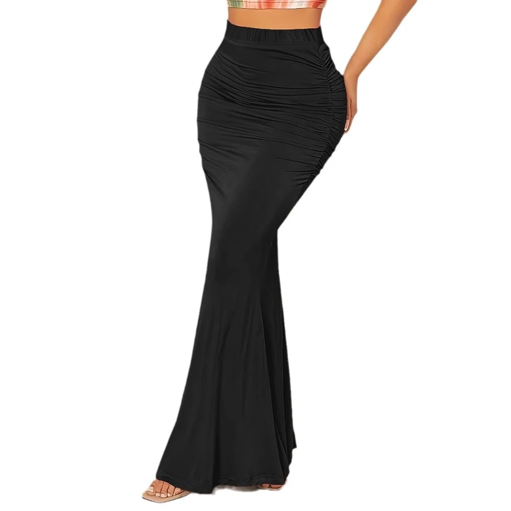

Women's Ruched Fishtail Maxi Skirt Spring Summer Streetwear Casual Elastic Elegant High Waisted Long Bodycon Mermaid Skirts