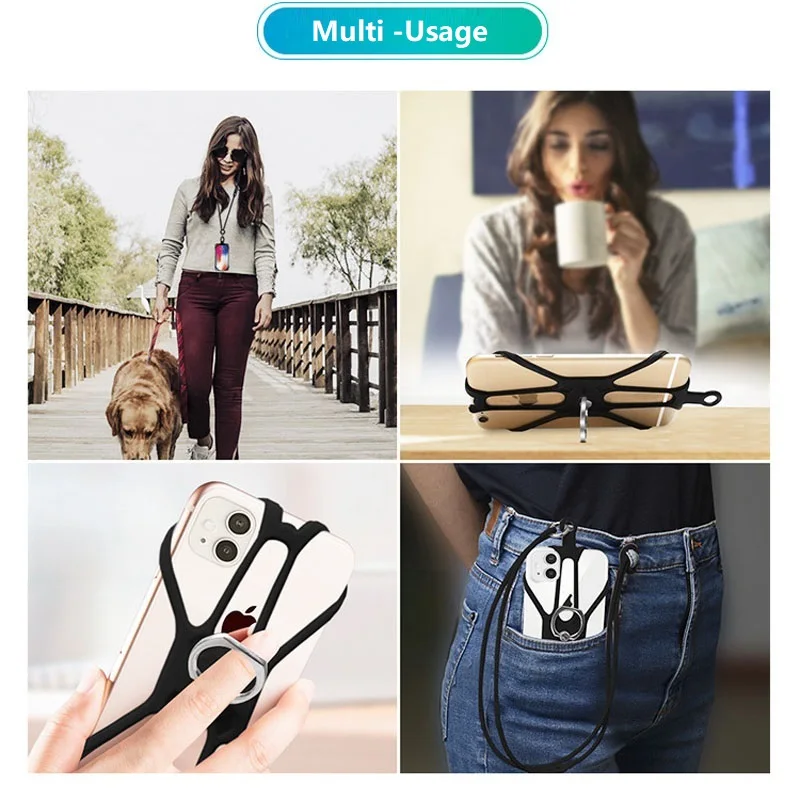 Tracolla in silicone anti-smarrimento Cordini regolabili Supporto per anello girevole Staffa di supporto Corda universale per appendere il telefono cellulare