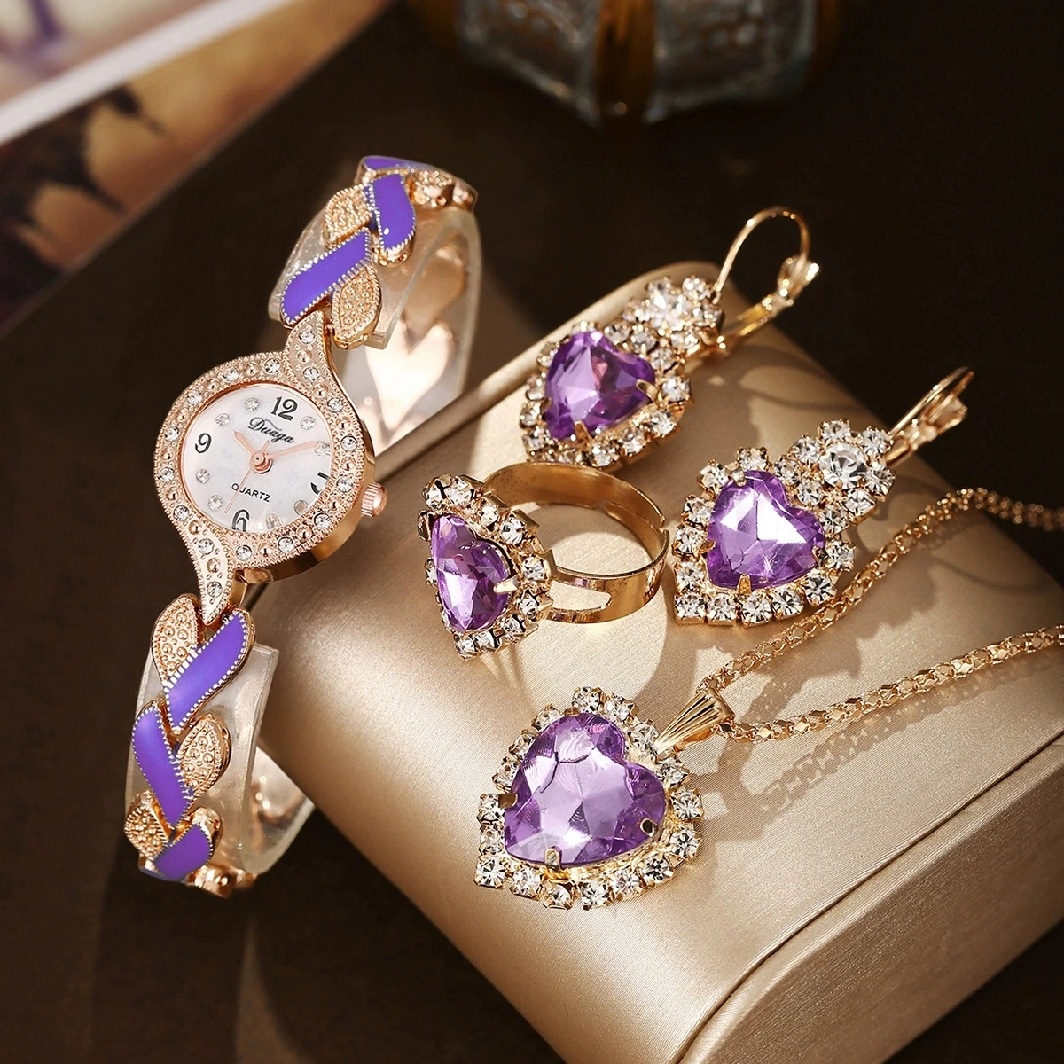 

5/6PCS/Set Women's Watch Fashion Full Diamond Steel Strap Pointer Quartz Watch Necklace Bracelet Ring Earrings Jewelry Set