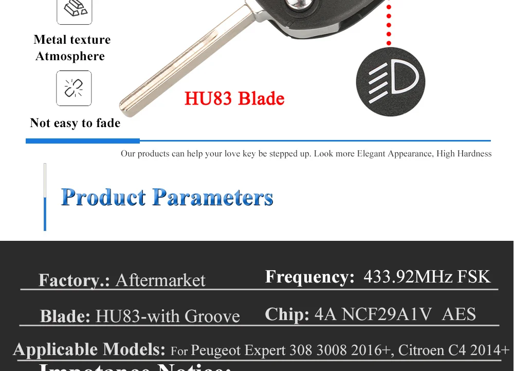 Jingyuqin 433MHz 4A HITAG AES Chip Flip Remote Van Car Flip Key For Peugeot Expert 308 3008 2016+ Citroen C4 Cactus 2014+ HU83