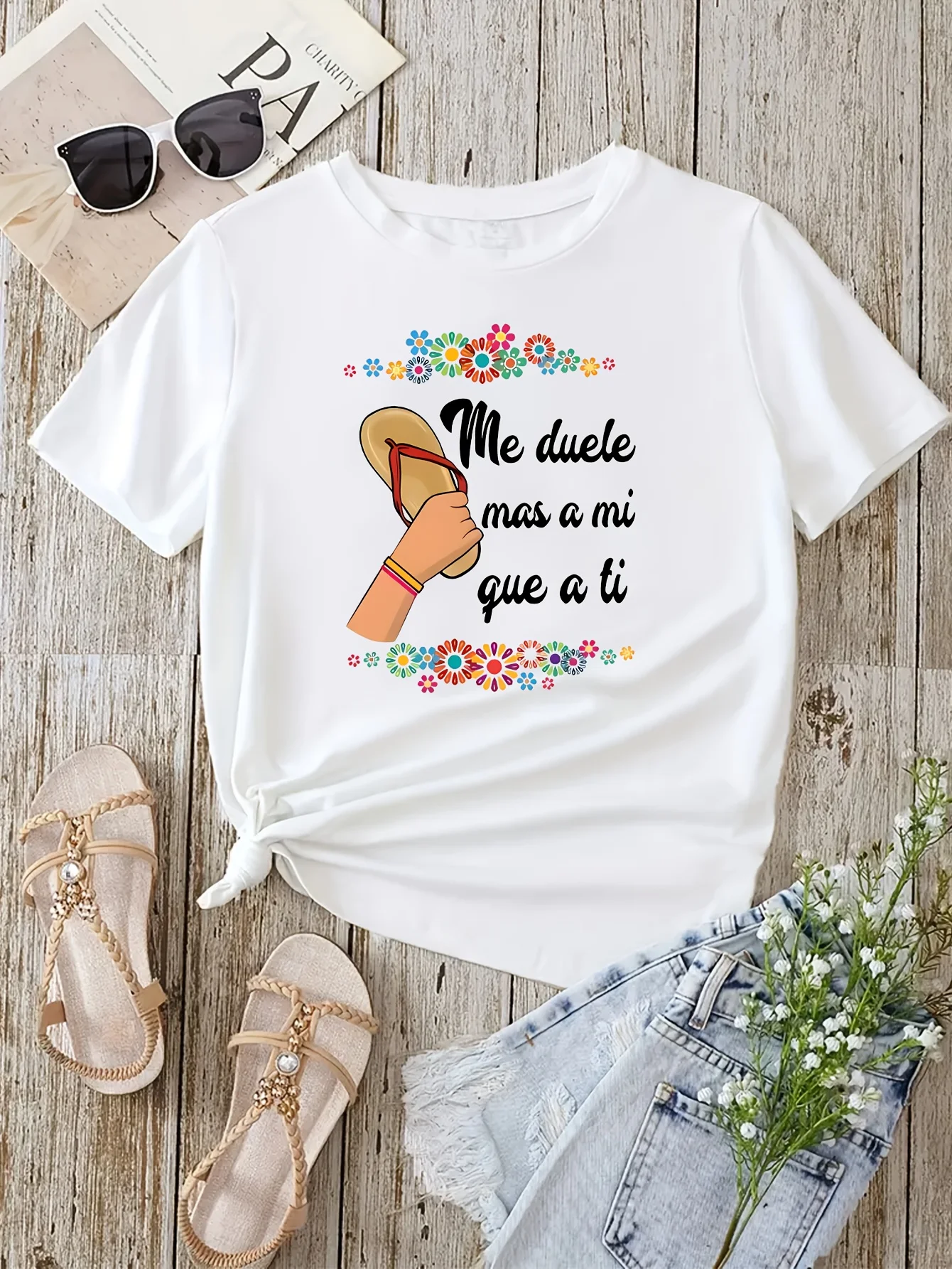 Flip Flop & Letter Print Casual T-Shirt, Round Neck Short Sleeves Versatile Sports Tee, Women's Comfy Tops